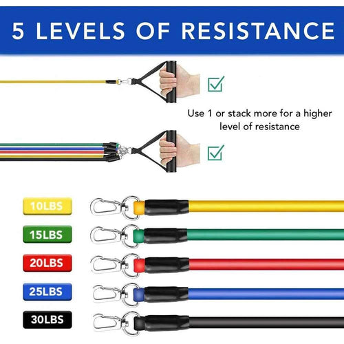 Color-coded resistance band tubes with carabiners for five resistance levels