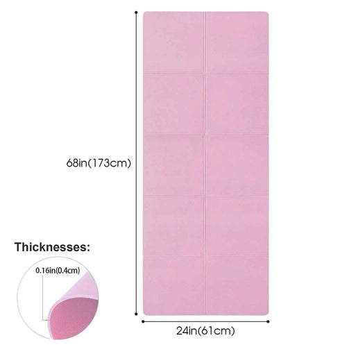Pink yoga mat laid flat with grid lines and rounded thickness detail