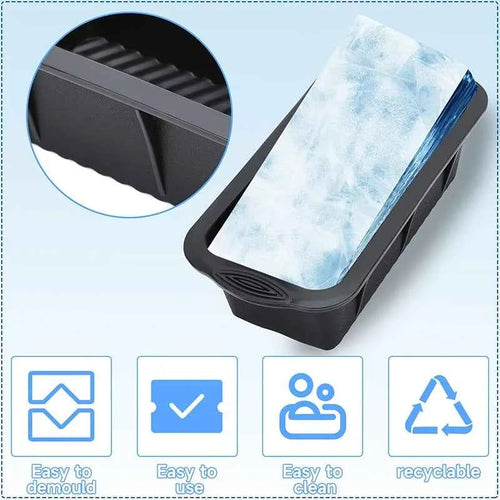 Silicone ice block mold tray with frosted blue ice block, side view