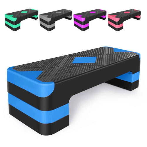 Blue and black adjustable aerobic exercise step platform with textured non-slip top