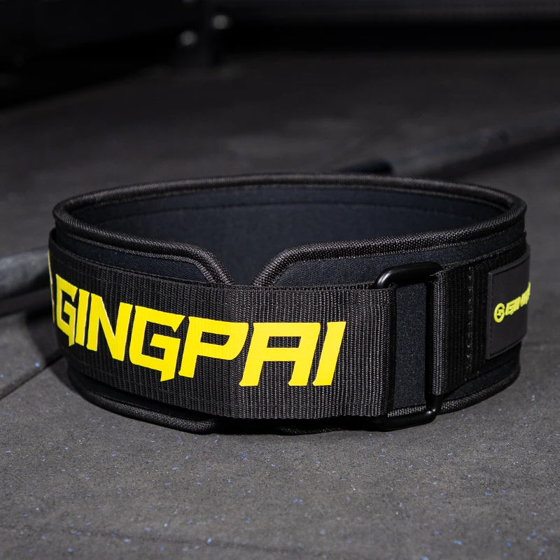 Black powerlifting waist belt with large yellow logo and metal buckle