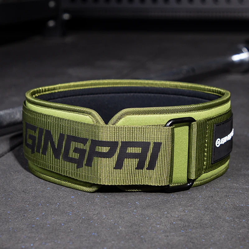 Olive green powerlifting waist belt with contrast trim and metal buckle