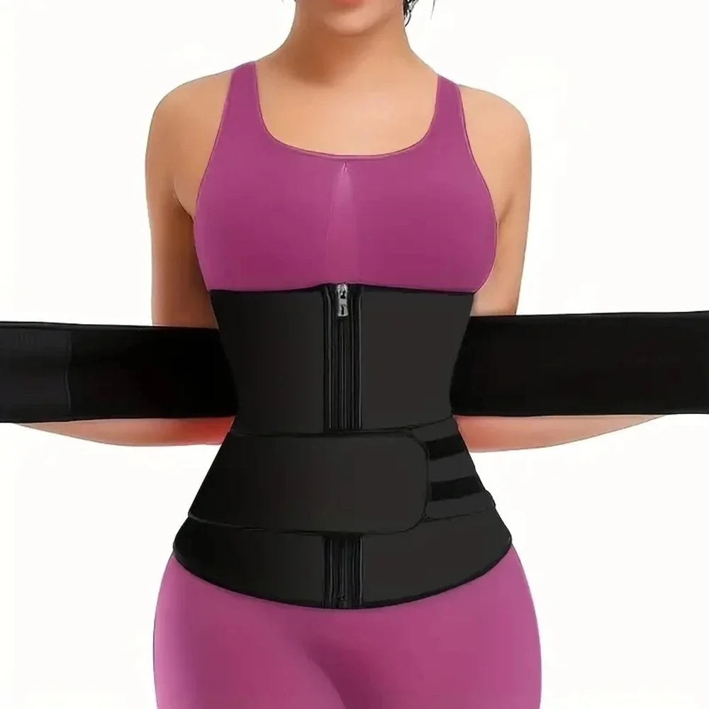 Moveforge sweat waist trainer belt, purple upper panel with black waist wrap zipper