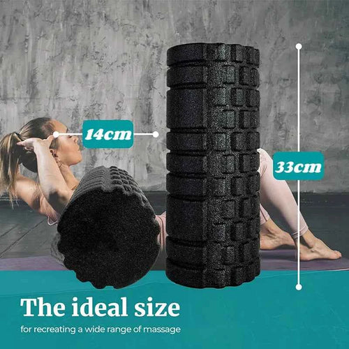 Black foam roller, upright, with cube-like massage texture