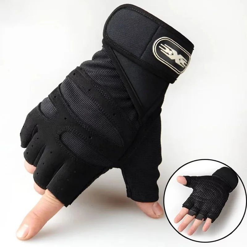 Training gloves, black with textured palm and hook-and-loop wrist strap