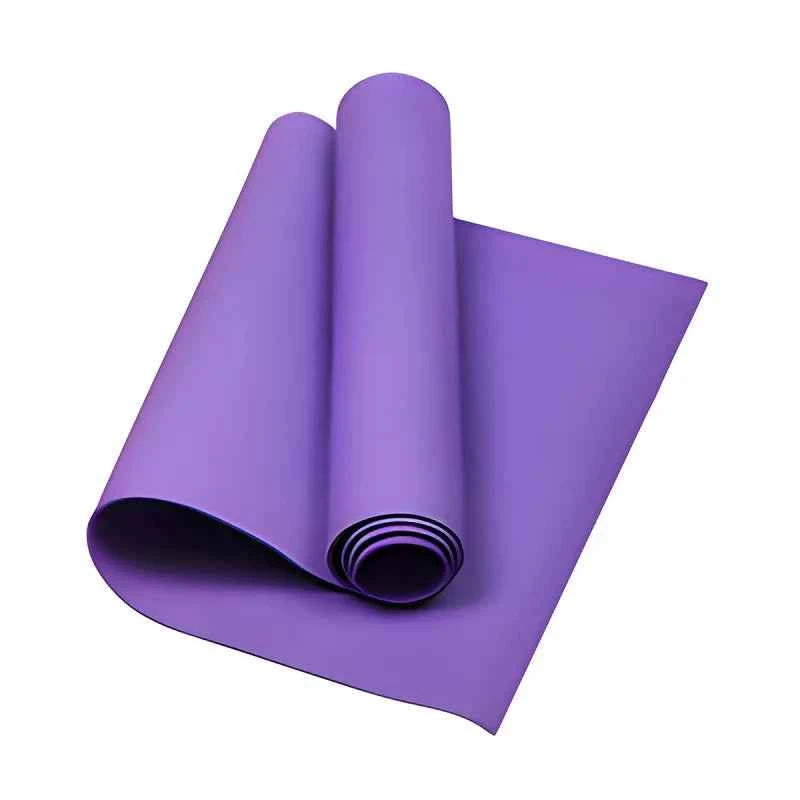 Purple 4mm EVA yoga mat, rolled up with non-slip texture