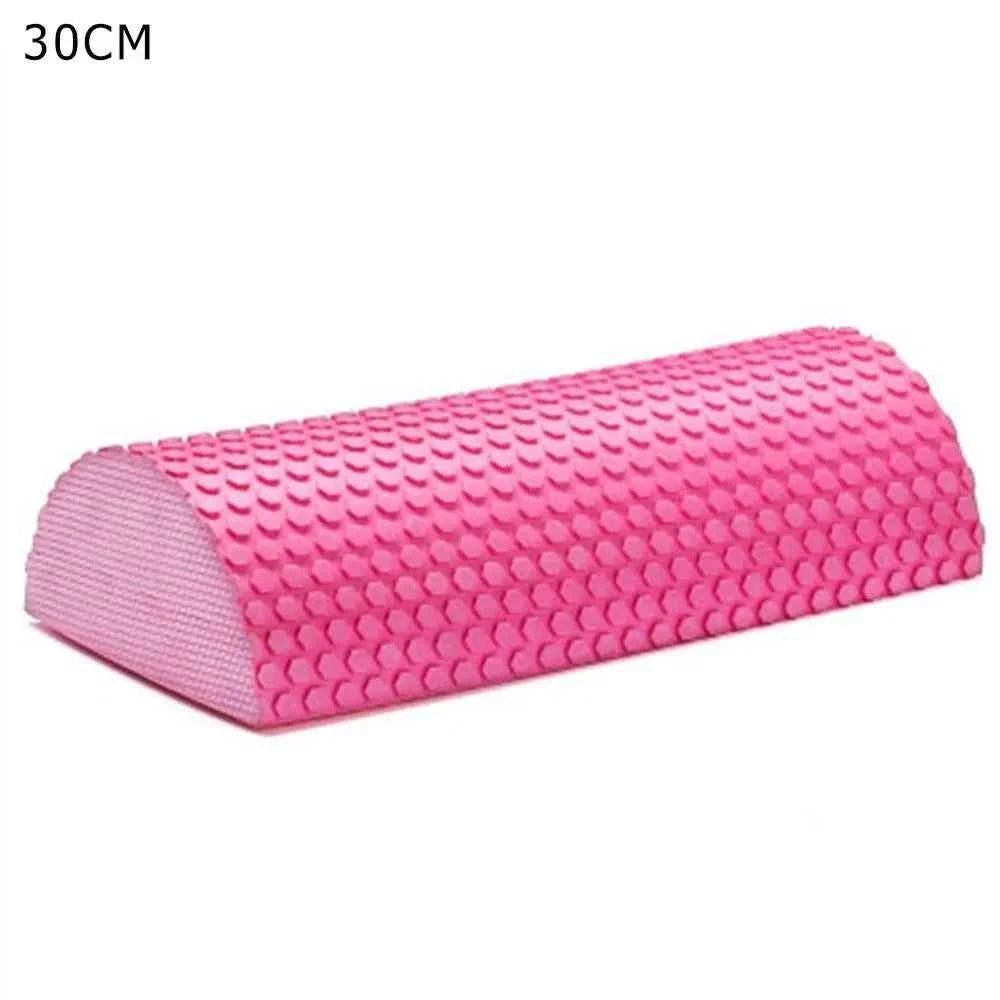 Pink half-round EVA massage foam roller with textured surface, 30 cm