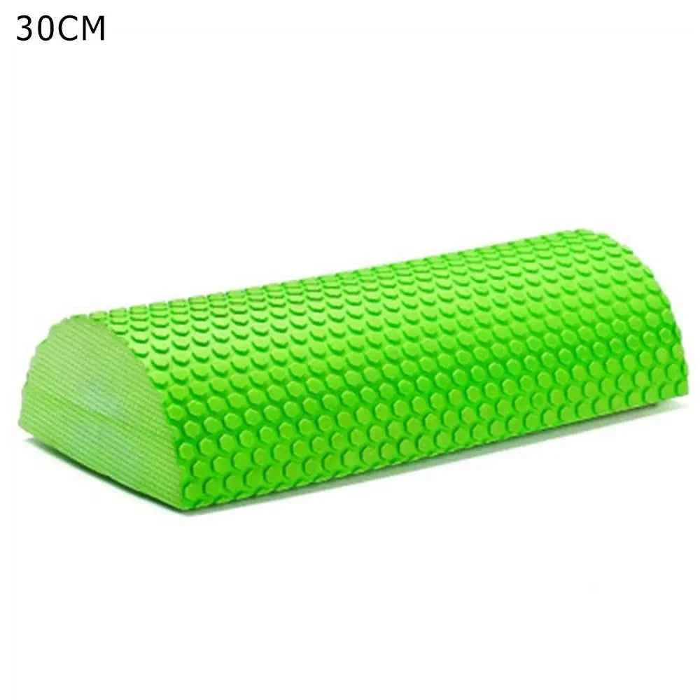Green half-round EVA massage foam roller with textured surface, 30 cm