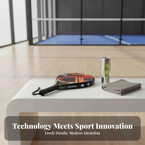 Red and black padel paddle with black grip and wrist strap on a table