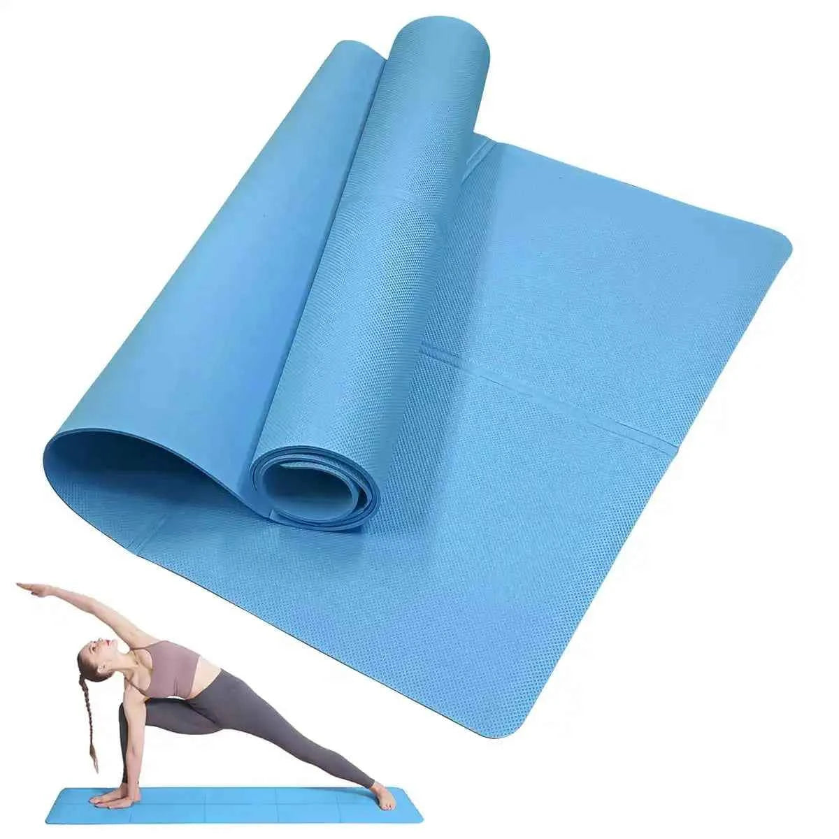 Blue yoga mat roll with textured surface and stitched details