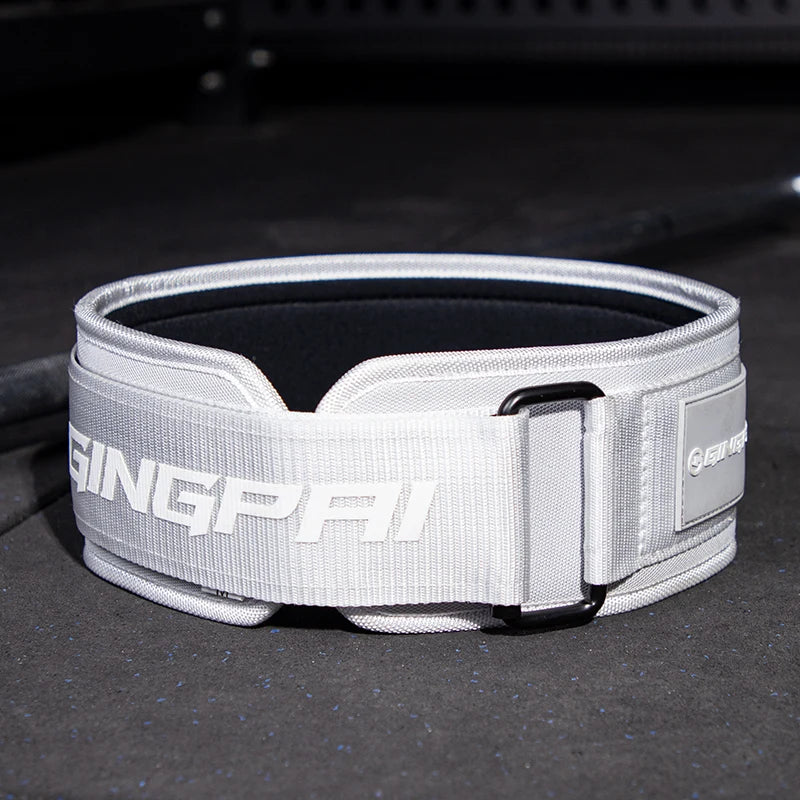 White powerlifting waist belt with metal buckle and printed logo lettering
