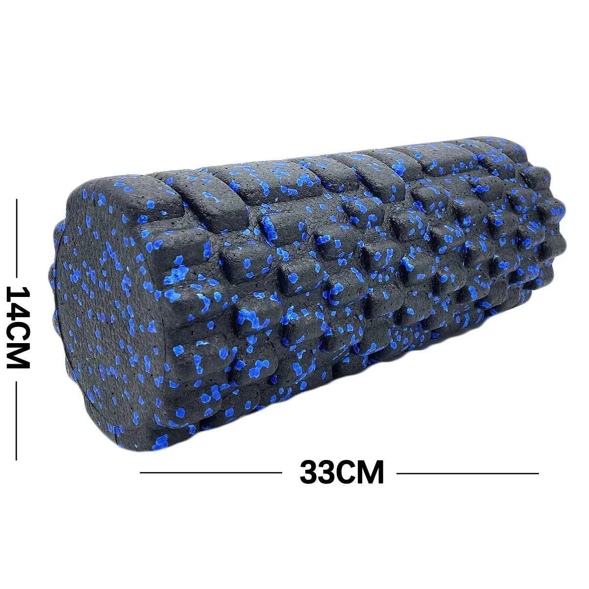 Blue-speckled black foam roller with cube texture, 33 cm long