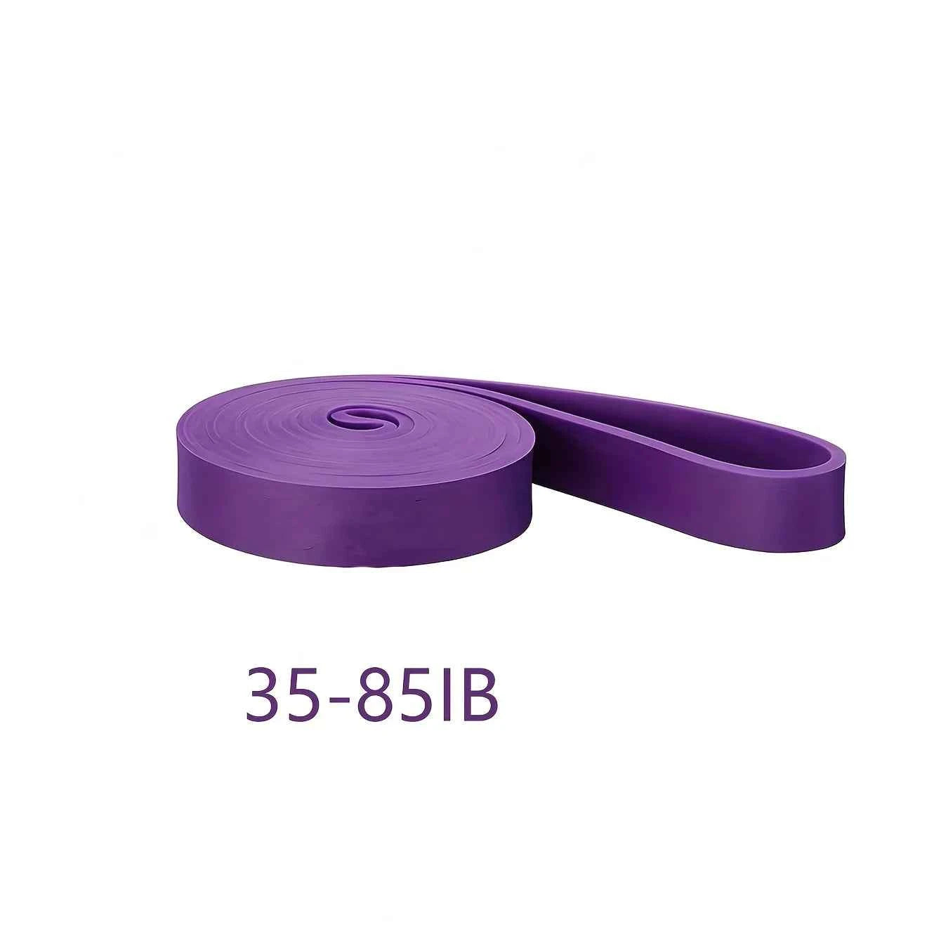 Purple resistance band roll marked 35-85IB with attached strap