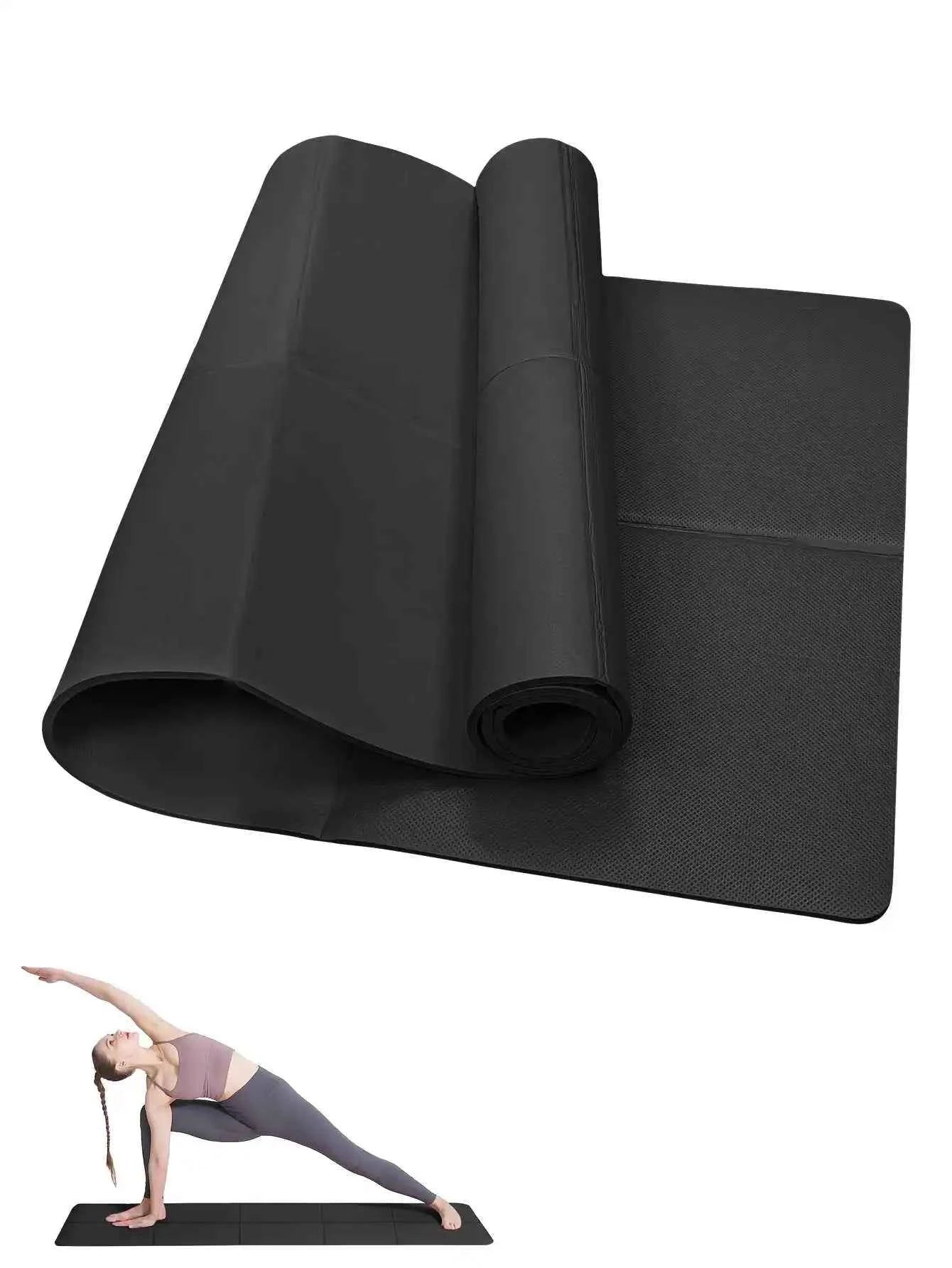Black yoga mat with rolled center and textured grip surface