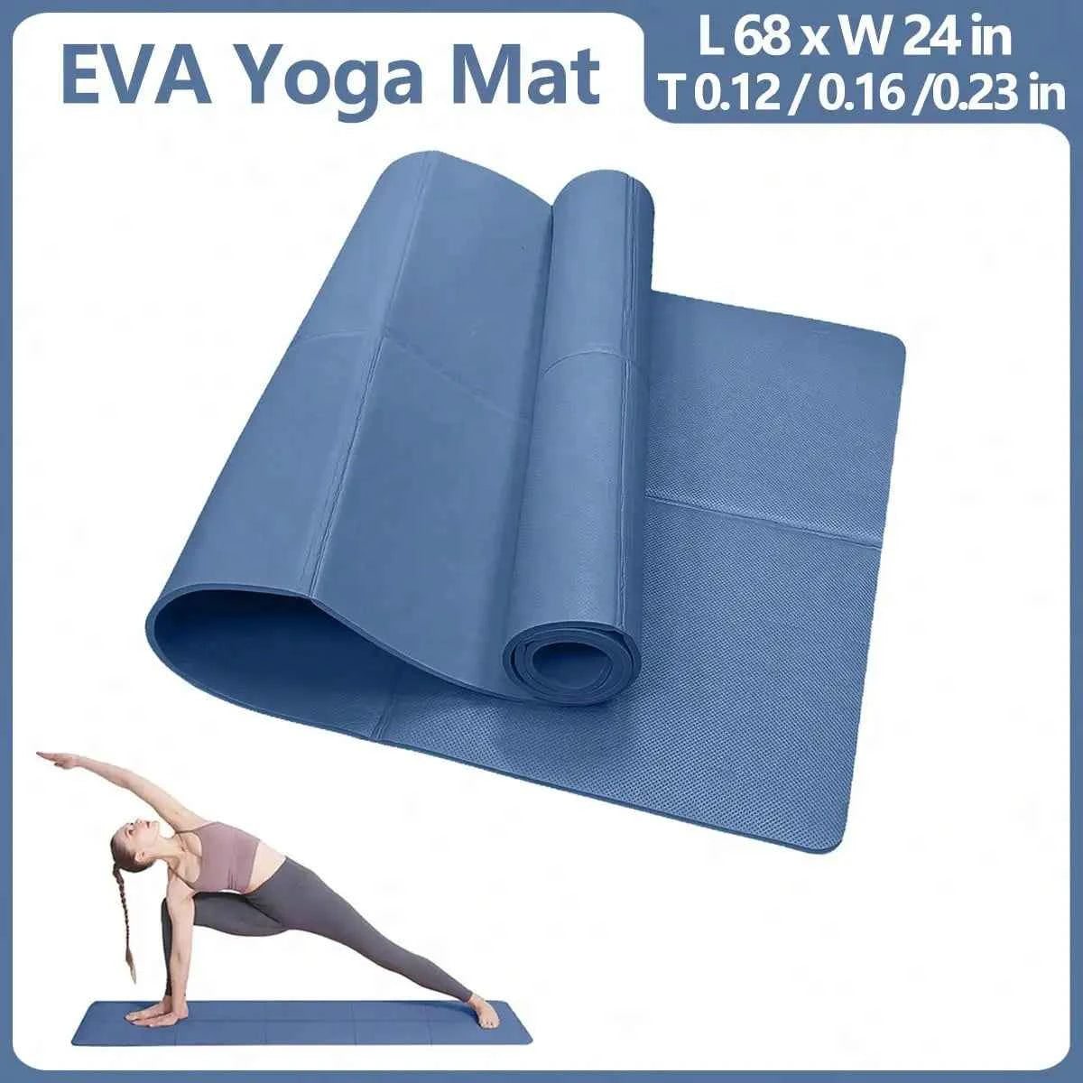 Blue yoga mat rolled up with stitched panel lines