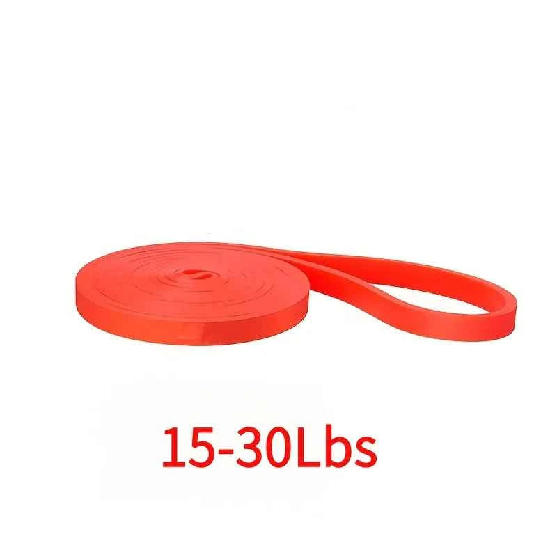 Red resistance band roll marked 15-30 lbs with attached strap