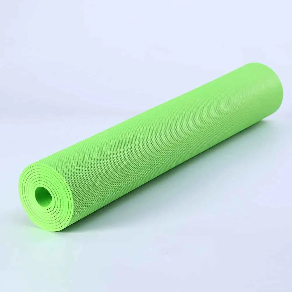 Green PVC yoga mat roll with textured top and non-slip grip