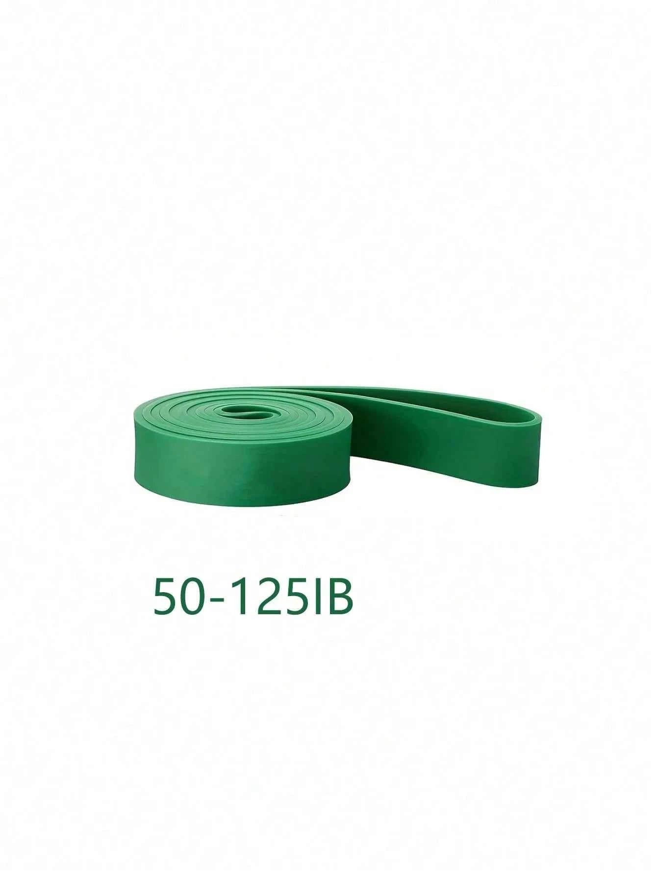 Green resistance band roll marked 50-125IB with attached strap