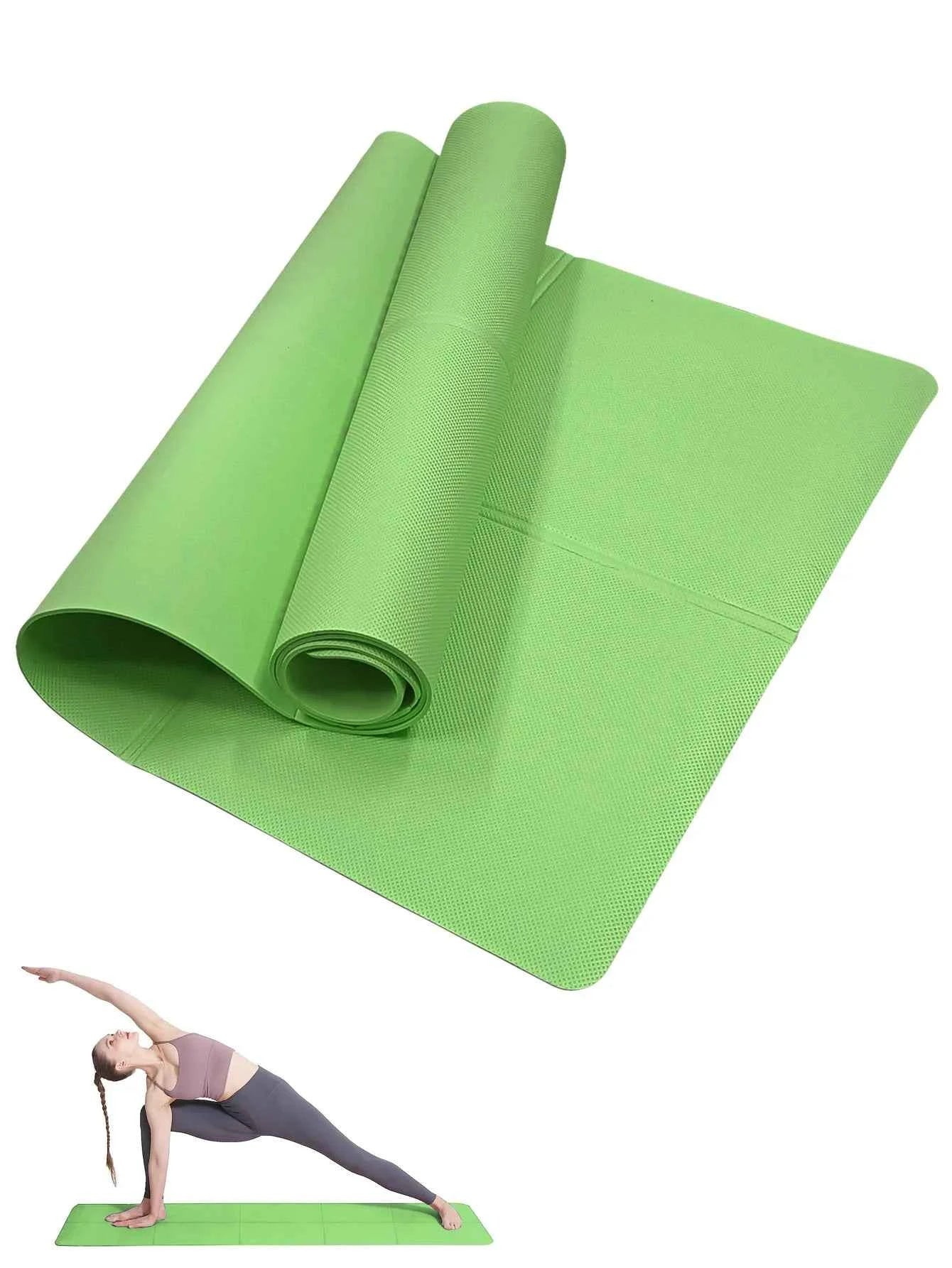 Green yoga mat with rolled design and non-slip textured surface