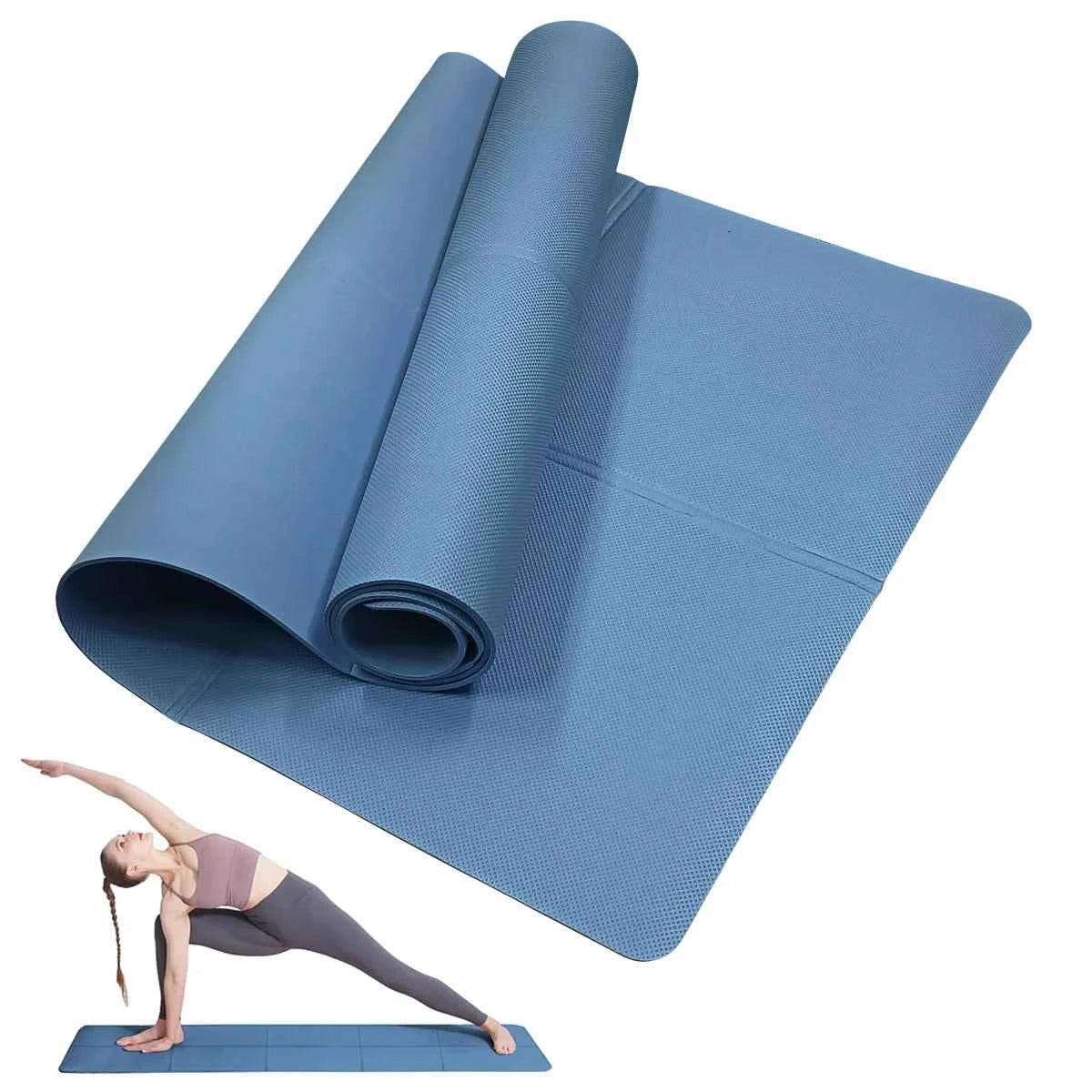 Blue yoga mat rolled and showing textured grip surface