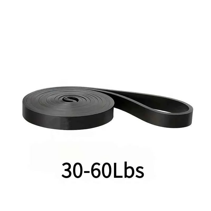 Black resistance band roll marked 30-60 lbs with attached strap