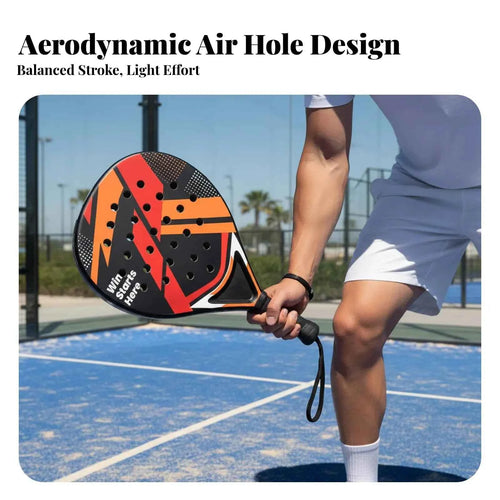 Red and black padel paddle with perforated face and non-slip grip