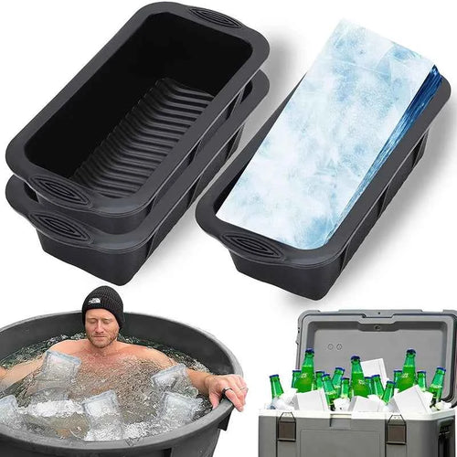 Large silicone ice block molds, two-piece tray set with frosted blue ice blocks