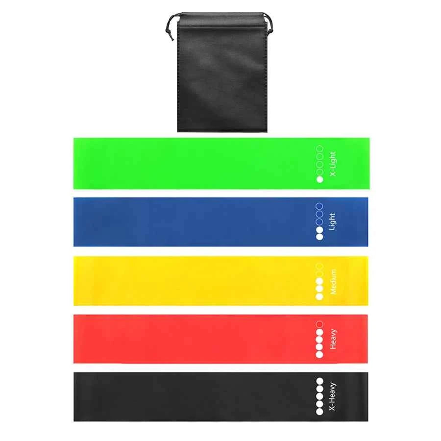 Resistance bands set with black storage pouch; green, blue, yellow, red, black bands.