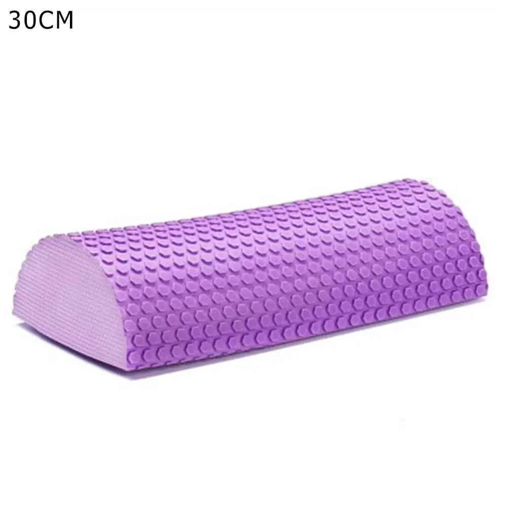 Purple half-round EVA massage foam roller with textured surface, 30 cm