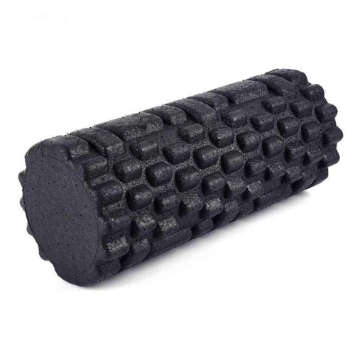 Black textured foam roller with raised grid massage bumps