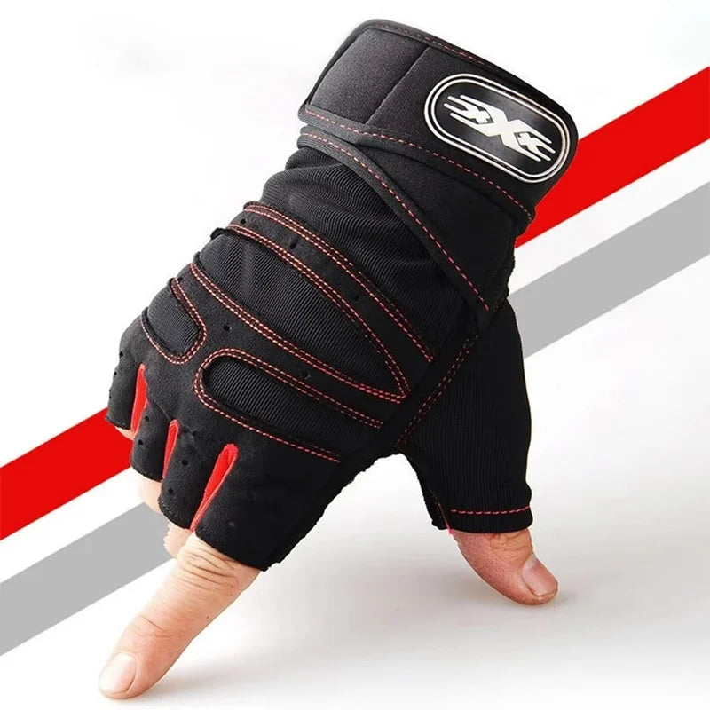 Training gloves, black with red stitched grip panels and hook-and-loop wrist strap