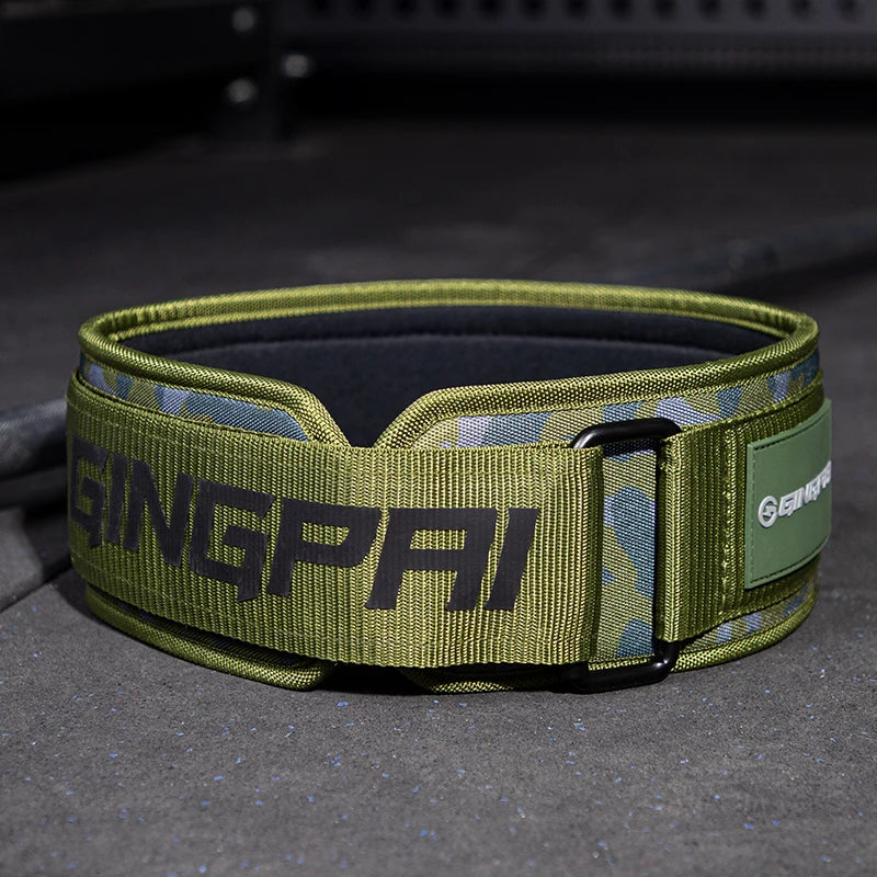 Powerlifting waist belt with green fabric, logo strap and padded back support