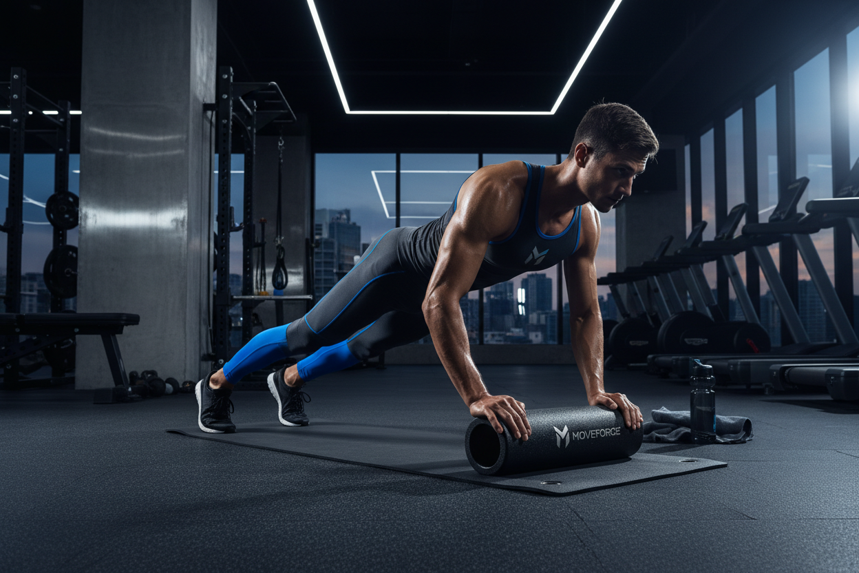 Black textured EVA foam roller on floor, used for stretching.